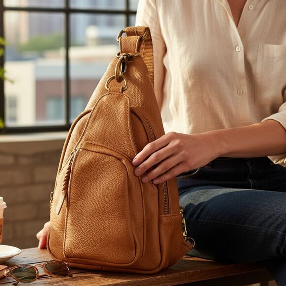 🧡 ANTİK KRAFT Vegan Leather Sling Backpack – Boho-Chic Mini Pack (Excellent) - Picture 1 of 15